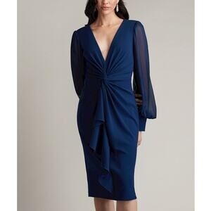 Tadashi Shoji Tyra Twist-Drape Dress Blue Lantern Sleeve Knee Length New XS